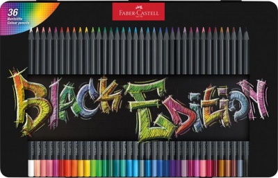 Farebné ceruzky, sada, trojhranné, v plechovej krabičke, FABER-CASTELL "Black Edition", 36 rôznych farieb