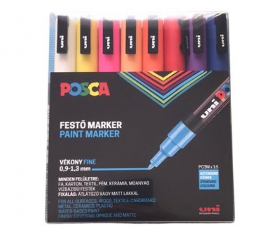 Dekoračný popisovač, sada, 0,9-1,3 mm, UNI "Posca PC-3M", 16 rôznych farieb